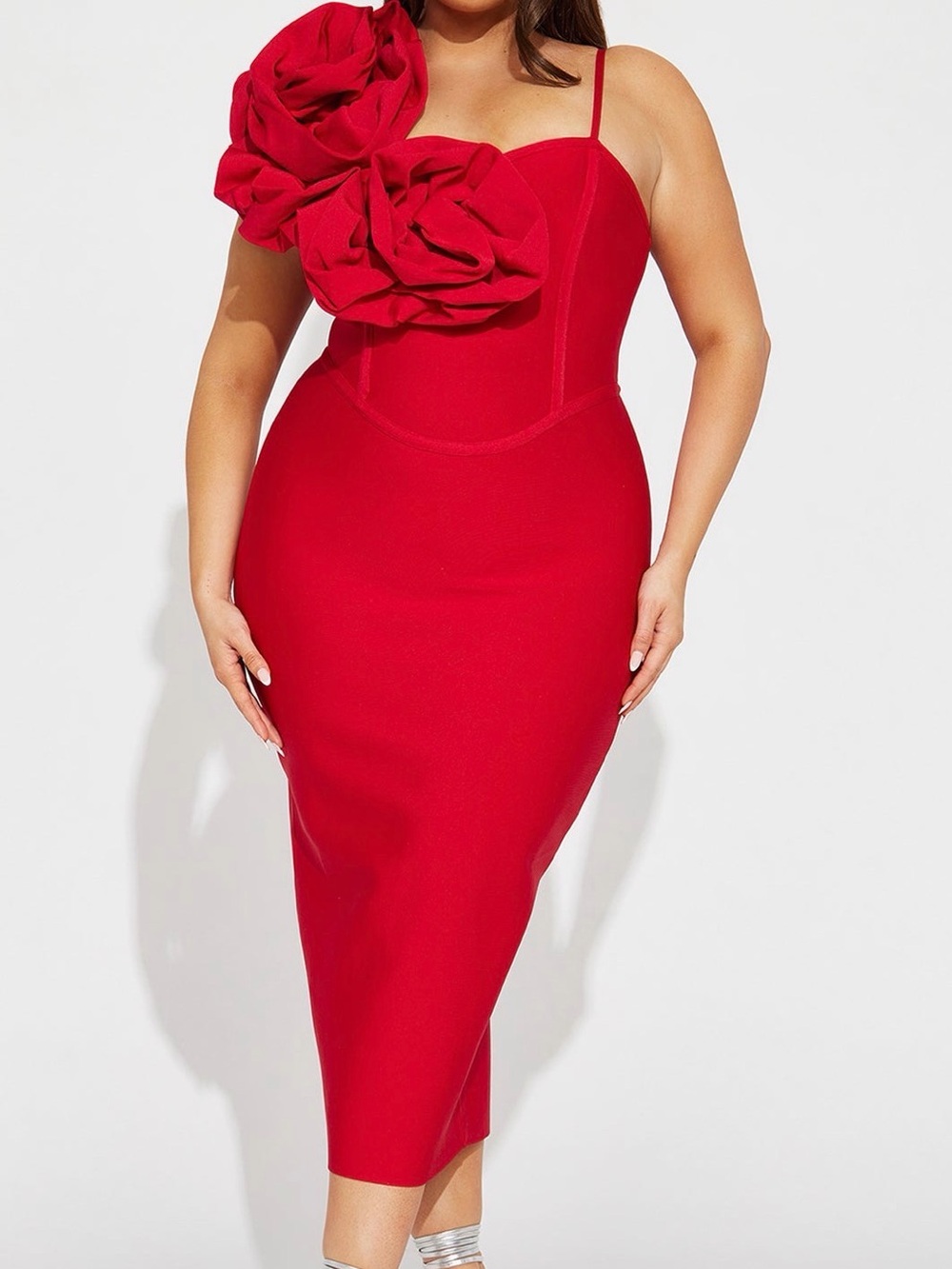 Fashion Nova Red One-Shoulder Midi Dress with Oversized Floral Detail